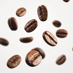 Fototapeta premium Floating Coffee Beans on Light Background for Beverage Concepts
