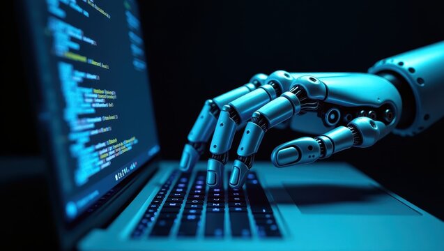 Exploration of agentic AI with robotic hand interacting with computer code in a dark environment during an innovative technological demonstration