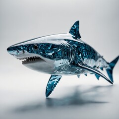 A brilliant crystal shark with a sharp, polished surface, pure white background.