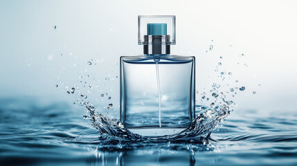 Perfume bottle in water splash on blue background. Fragrance advertising