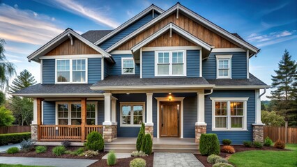 Fototapeta premium A blue-gray two-story house with a mix of wood and vinyl siding, prominent wooden accents on the porch, and a large front door, blue gray house, rustic charm