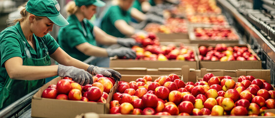 Busy workers sort ripe apples into boxes at a fruit packing plant during the harvest season