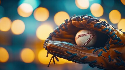 Naklejka premium Baseball glove holding ball under stadium lights at night