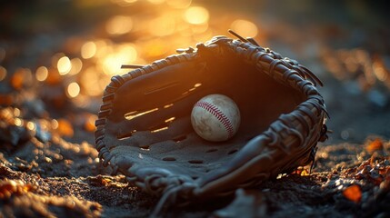 Baseball glove with ball on dirt at sunset, sports concept image