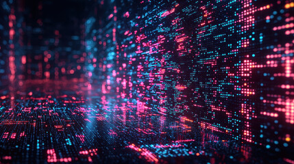 Fototapeta premium Advanced AI-powered system detects digital threats in a futuristic cyber landscape filled with vibrant neural networks and glowing data streams