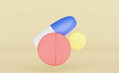 3d illustration. Pills, tablets and medicine drugs, colorful capsules.