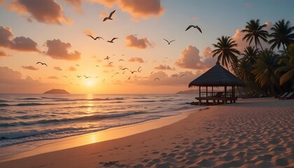 A tropical beach at sunrise, where golden sunlight spills over the horizon, painting the sky in shades of peach and coral, The tranquil sea reflects the warm hues, and gentle waves lap at the shore.