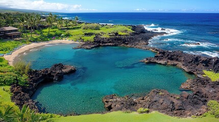 Obraz premium Secluded Tropical Cove Turquoise Waters Volcanic Rocks and Palm Trees