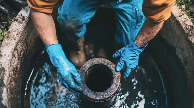 Expert plumber repairs pipe in rustic well, showcasing skilled craftsmanship and attention to detail in wastewater management
