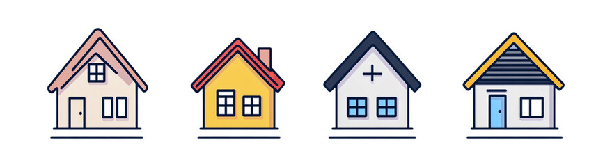 House icons, simple line art style, isolated on a transparent background
