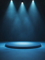 Abstract blue stage with spotlights in the background for product presentation, with light and shadow, and an empty space in the center of the composition