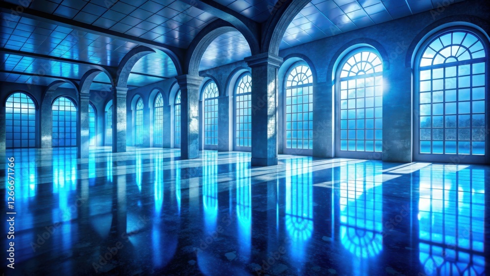 Poster serene hallway with reflective floor and archways, illuminated by a celestial glow