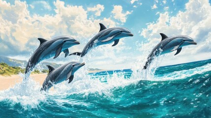 Fototapeta premium Four Dolphins Leaping Gracefully Over Ocean Waves, Coastal Paradise