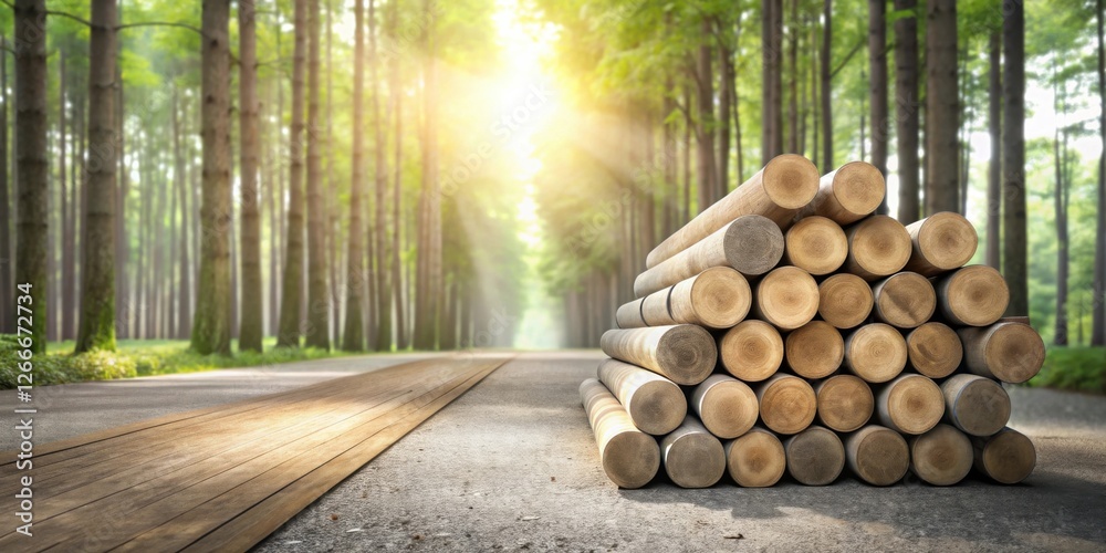 Poster a stack of neatly arranged timber logs rests on a paved path beside a sun-dappled woodland road, sho