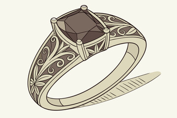  Photo of a gold ring with a large, dark brown gemstone in the center, surrounded by intricate, ornate detailing on the band. The band is twisted and features floral and vine patterns. The ring is s