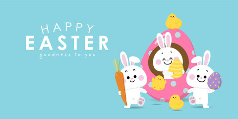 Happy Easter greeting card with cute yellow chick, colourful eggs, bunny and rabbit. Animal wildlife holiday cartoon character. -Vector.