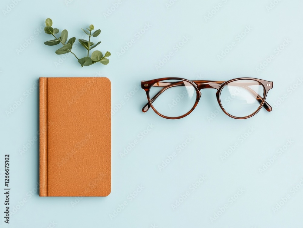 Aufkleber minimalist study setup chic notebook and retro glasses with eucalyptus on pastel surface - digital l