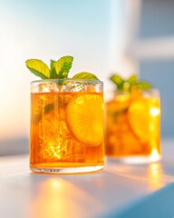 Vibrant Citrus Beverage Display Glass with Mint and Orange on White Terrace - Refreshing Summer Event Content and Outdoor Festival Atmosphere for Modern Hospitality