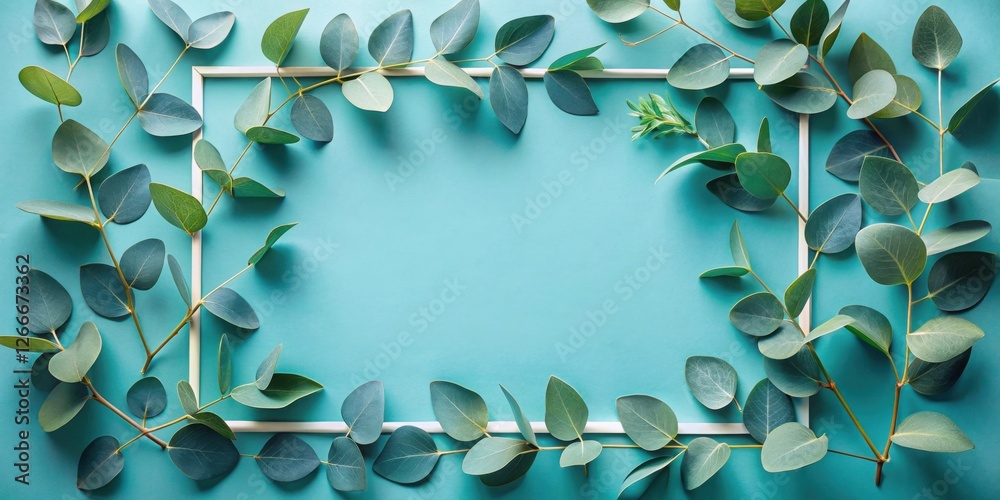 Aufkleber serene teal background featuring a simple white frame adorned with lush greenery