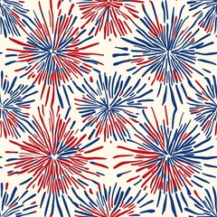 Fototapeta premium Seamless Pattern Vibrant pattern featuring red and blue fireworks on a light background.