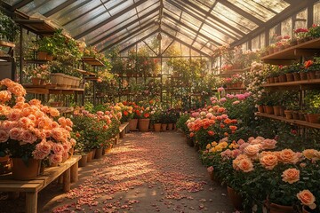 Sunlit Greenhouse: Blooming Roses in Terracotta Pots, Scattered Petals Adorn Pathway, Vibrant Flower Garden