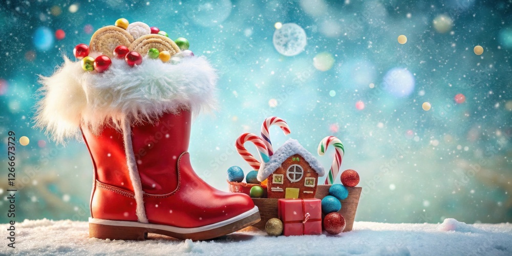 Poster a festive red boot filled with sweet treats and a gingerbread house nestled in a candy cane basket o