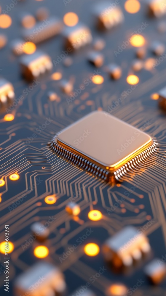 Poster Futuristic Circuit Board Design Glowing Connectivity with Microchips and Patterns - Cutting-Edge Tech Content for Electronic Innovation and Computational Advancement