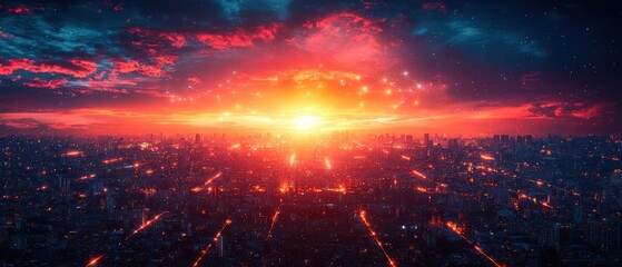 Fiery Sunset over Cityscape: A Stunning Aerial View