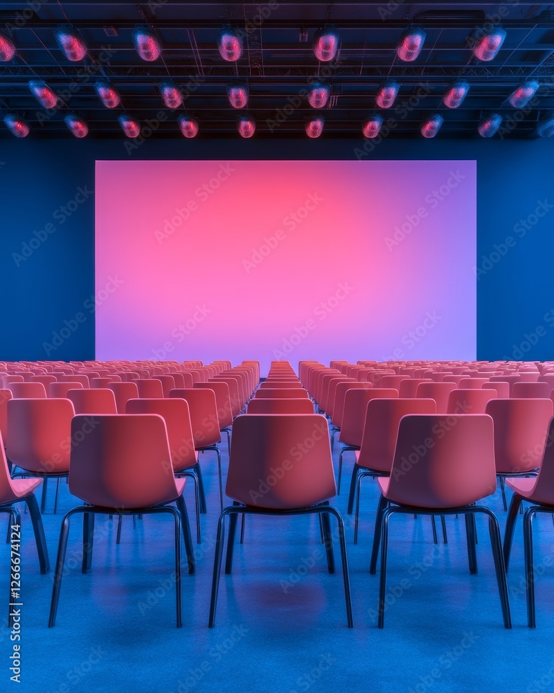 Poster modern tech-infused conference setup vibrant projector screen and ergonomic seating in innovative sp