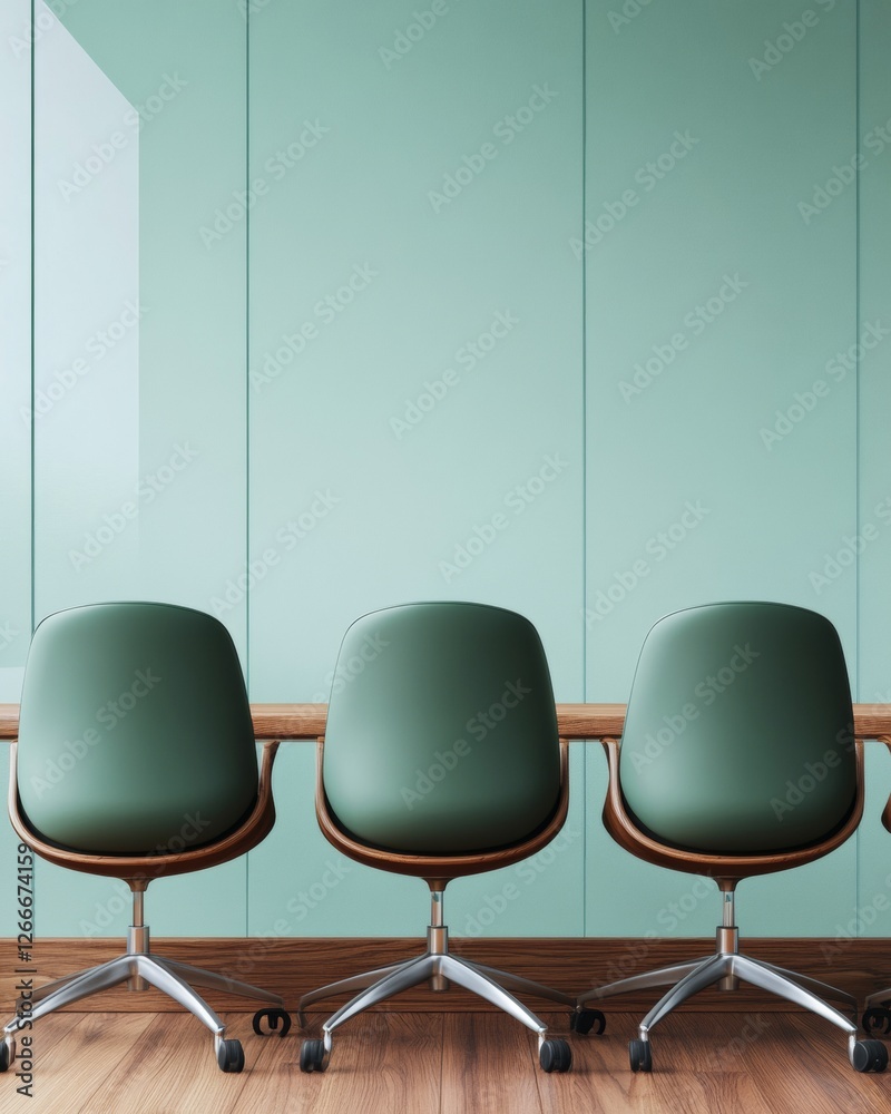 Leinwandbilder modern conference space sleek green chairs in row on wooden flooring - dynamic business setting for 