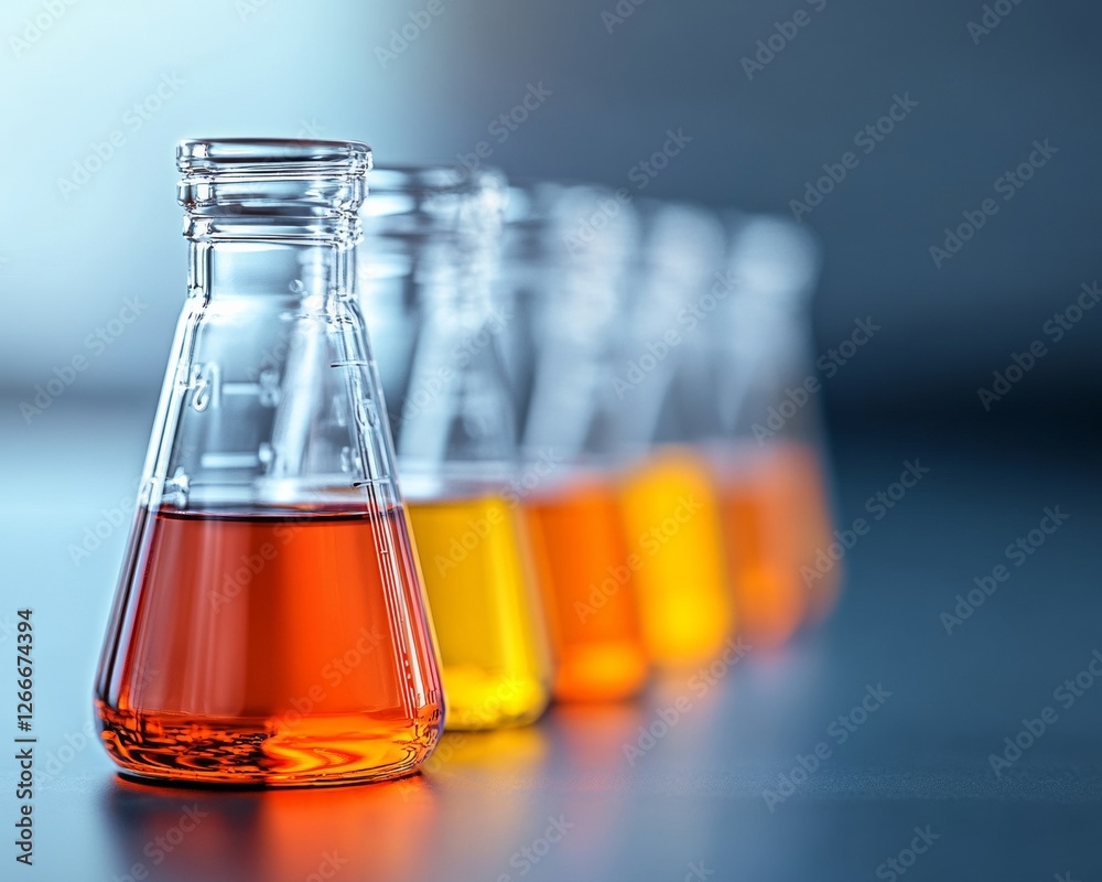 Aufkleber sleek clinical research display gradient glass beakers with vibrant liquids on polished surface - cu