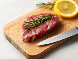 Fototapeta premium Artisanal Meat Preparation Expert Cut of Beef on Wooden Board with Sharp Knife - Culinary Craftsmanship and Premium Butchery Content for Gastronomy Marketing