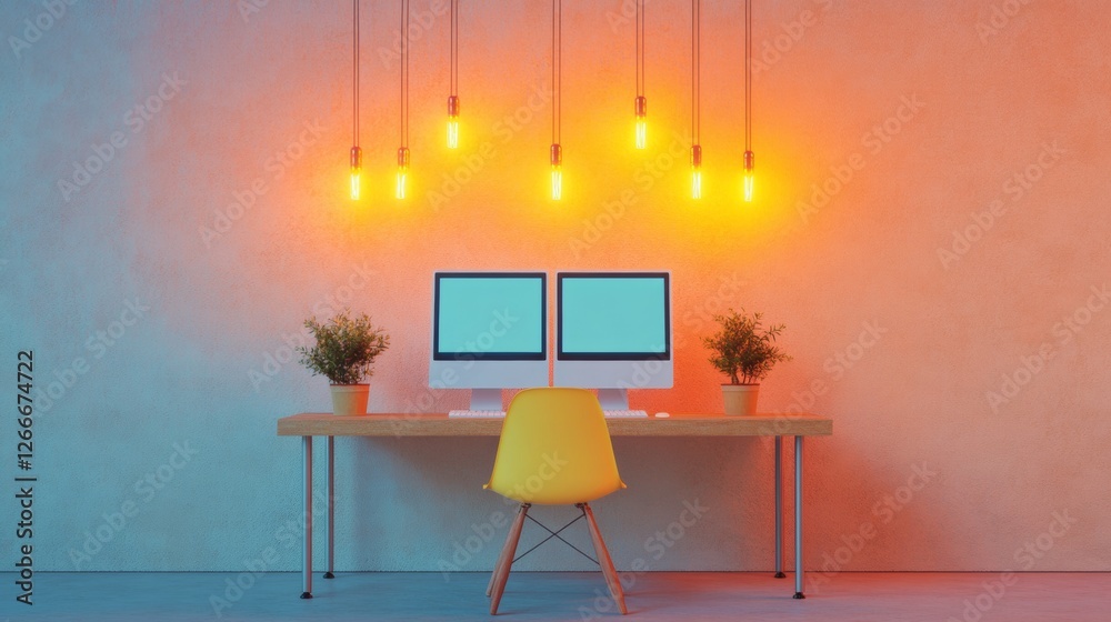 Poster contemporary workspace design dual screens on bespoke wooden desk with pendant lighting - modern dig