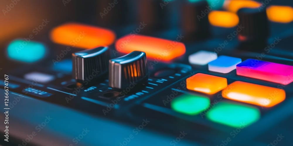 Poster Sleek LED-Lit Audio Mixer Console Professional Control Interface with Ergonomic Faders - Dynamic Sound Engineering and Digital Production Innovation