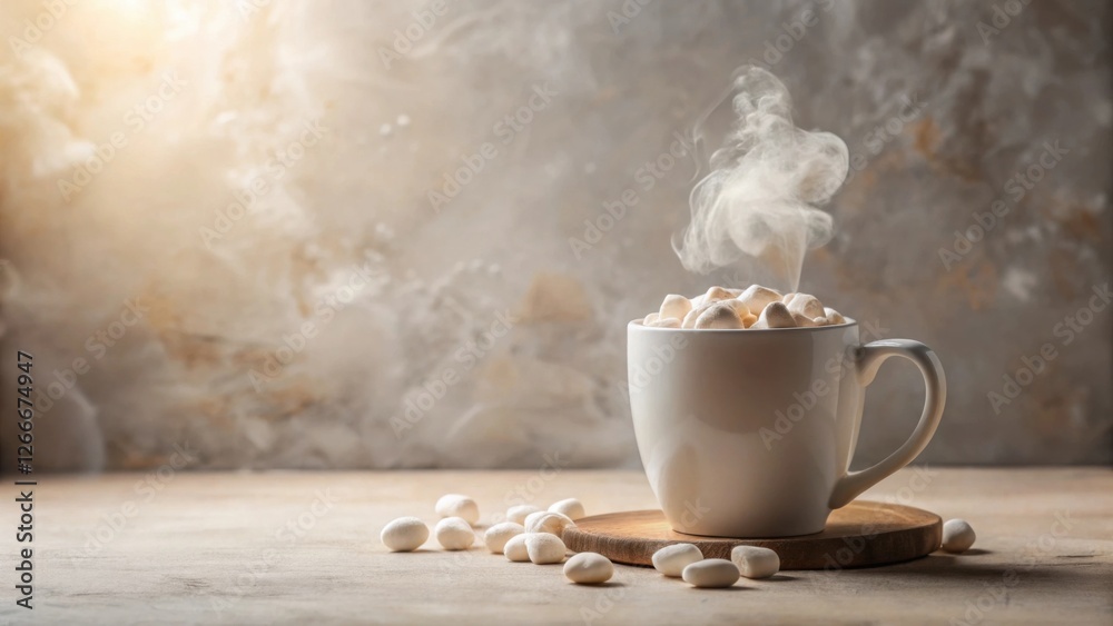 Aufkleber a steaming mug filled with fluffy marshmallows rests on a wooden coaster, surrounded by additional m