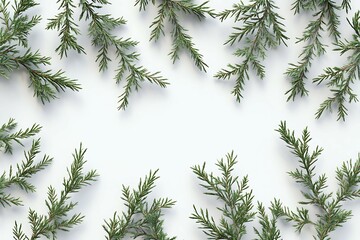 Spruce branches covered with hoarfrost on a white background.