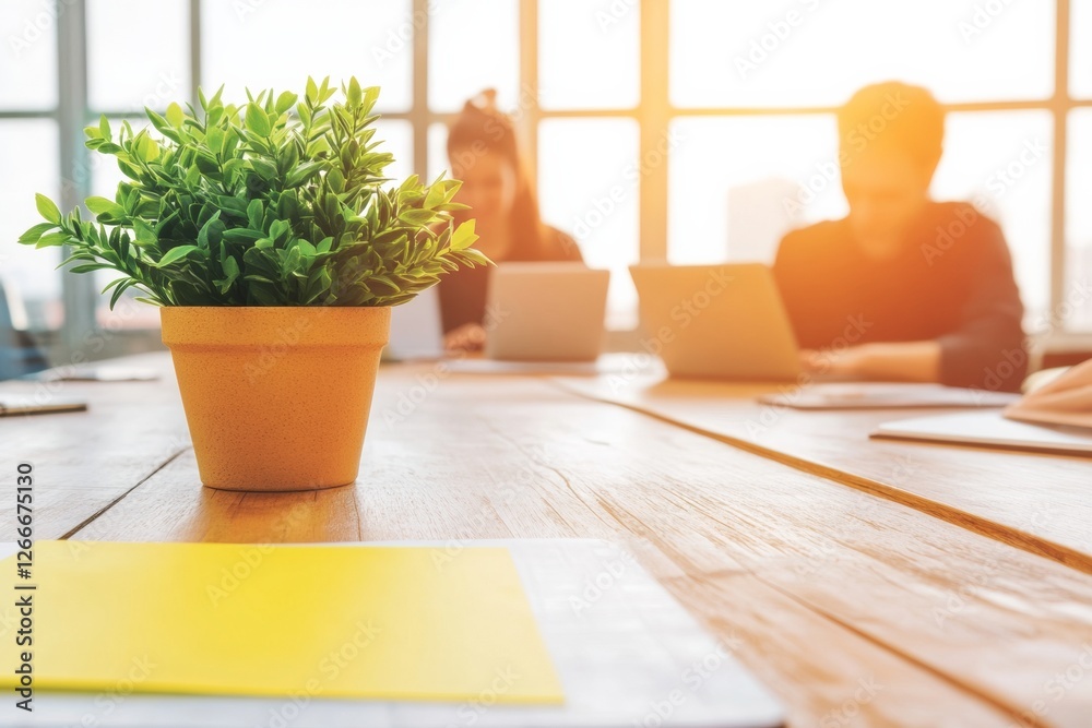 Poster sunlit collaborative workspace wooden desk with laptops and greenery - modern architectural office d