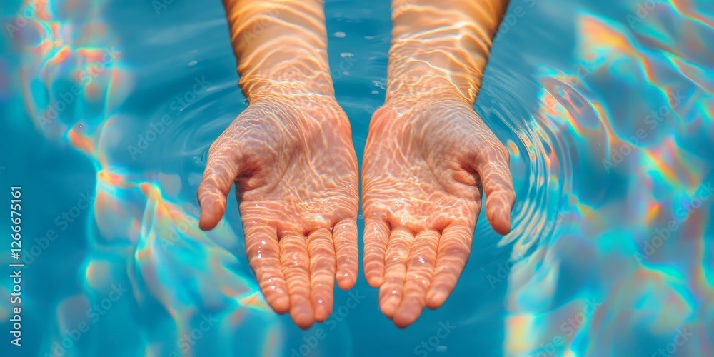 Poster ripple aesthetic in water conservation hands cradling stream highlighting sunlit patterns - eco-frie