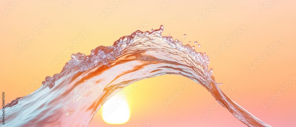 Poster Vibrant Fluid Dynamics Visualization Breaking Wave and Air Bubbles in Sunset Gradient - Modern Oceanography and Environmental Design for Dynamic Marketing Content