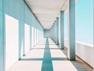 Fototapeta premium Minimalist Concrete Corridor with Sunlit Abstract Patterns - Modern Architectural Design and Aesthetic Spaces for Contemporary Urban Developments and Innovative Workspace Solutions