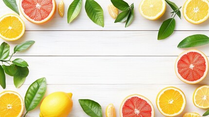 Citrus fruits frame on white wood, food blog banner
