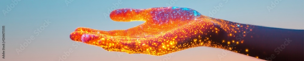 Aufkleber Neon Digital Interface Futuristic Biometric Patterns on Hand with Glitter Texture - Security Tech Content and Innovative Identity Verification for Business Applications