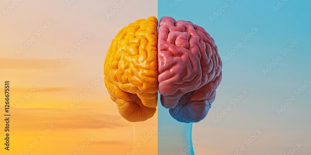 Poster Modern Cognitive Visualization Digital Art of Brain Hemisphere with Structured Patterns and Creative Swirls for Educational and Marketing Psychology Content