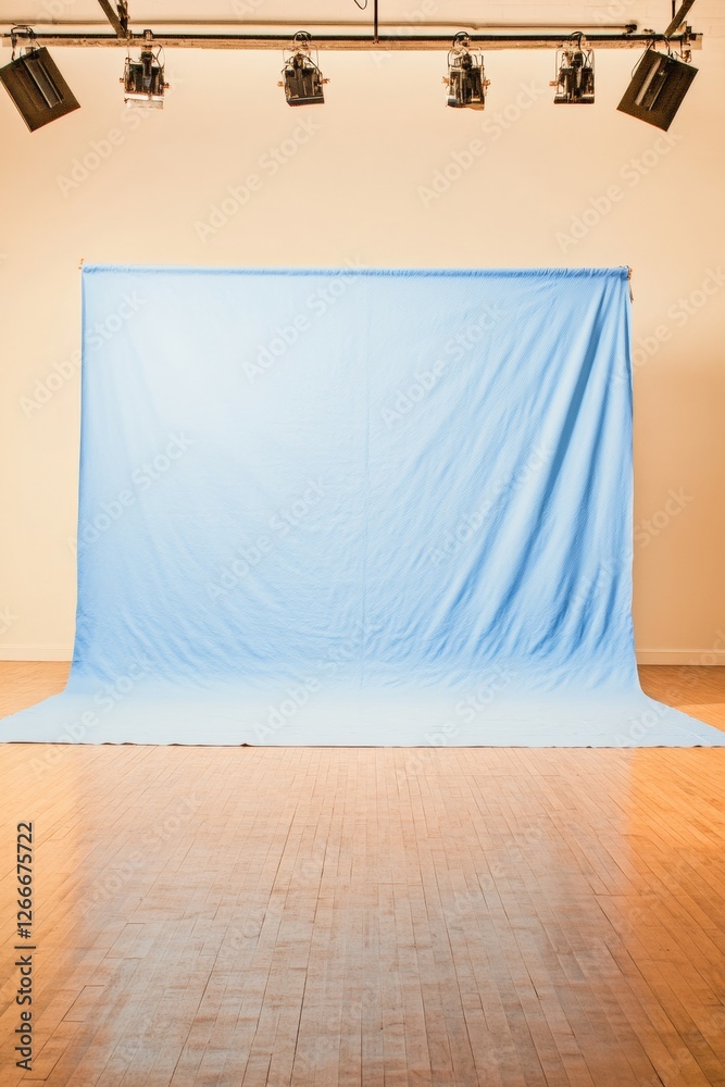 Aufkleber minimalistic studio backdrop setup light blue fabric with wooden flooring - streamlined content crea