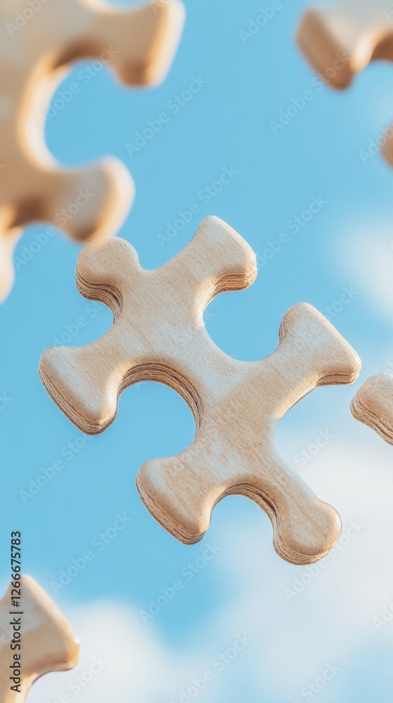 Aufkleber minimalist puzzle pieces floating wooden jigsaw connection in bright sky background - collaborative 