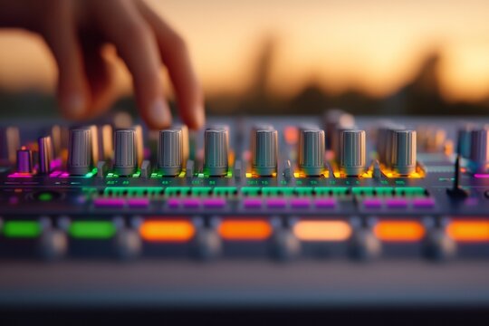 Vibrant Analog Mixing Console in Sunset Glow Tactile Audio Interface for Professional Sound Production and Podcast Studio Content - Modern Broadcast Innovation and Digital Creativity