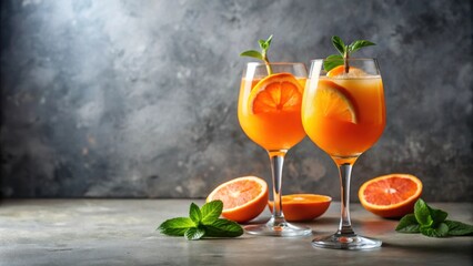 Fototapeta premium Refreshing citrus beverage in elegant glassware with orange slices and mint garnish on a textured surface