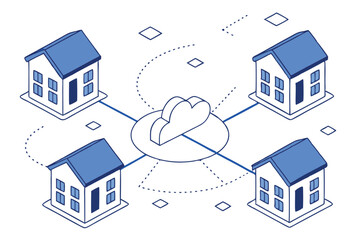  Illustration of a cloud computing network with a central white cloud and eight blue data centers connected by blue lines. Each data center has a blue roof and multiple blue windows. The background 