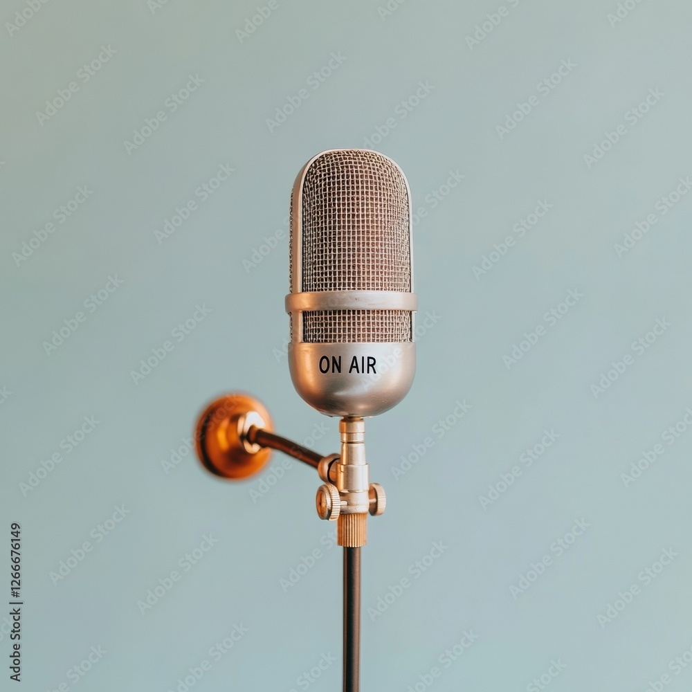 Poster vintage broadcasting studio retro microphone with on air sign on articulating arm - classic media wo