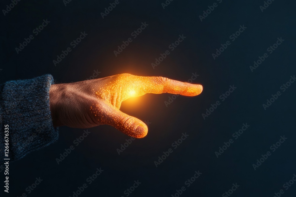 Poster Interactive Digital Interface Hand in Knit Sleeve Reaching Glowing Data Elements - Tech Visualization Content for Human-Computer Interaction and Digital Transformation